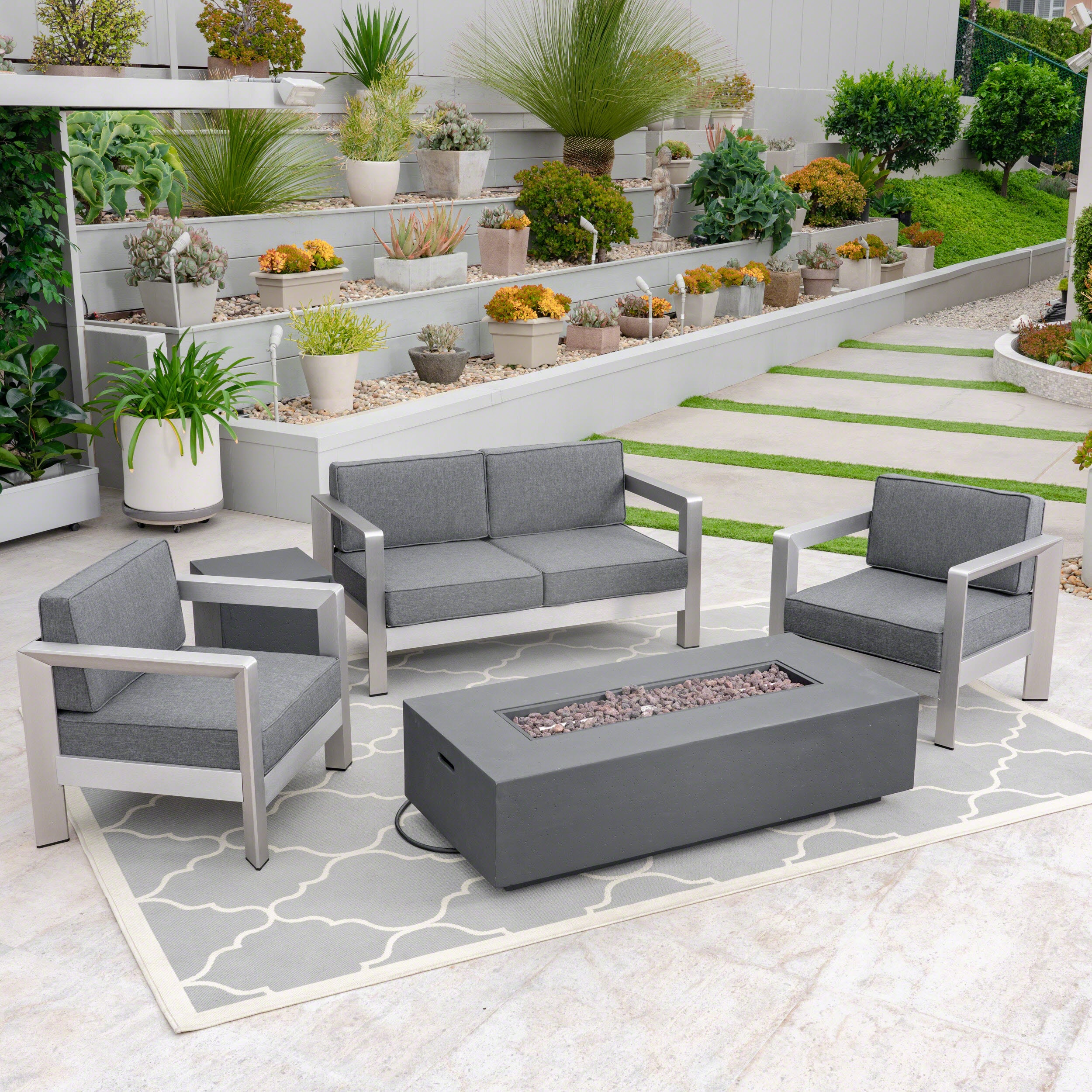 Booth Outdoor 4-Seater Aluminum Chat Set with Fire Pit and Tank Holder