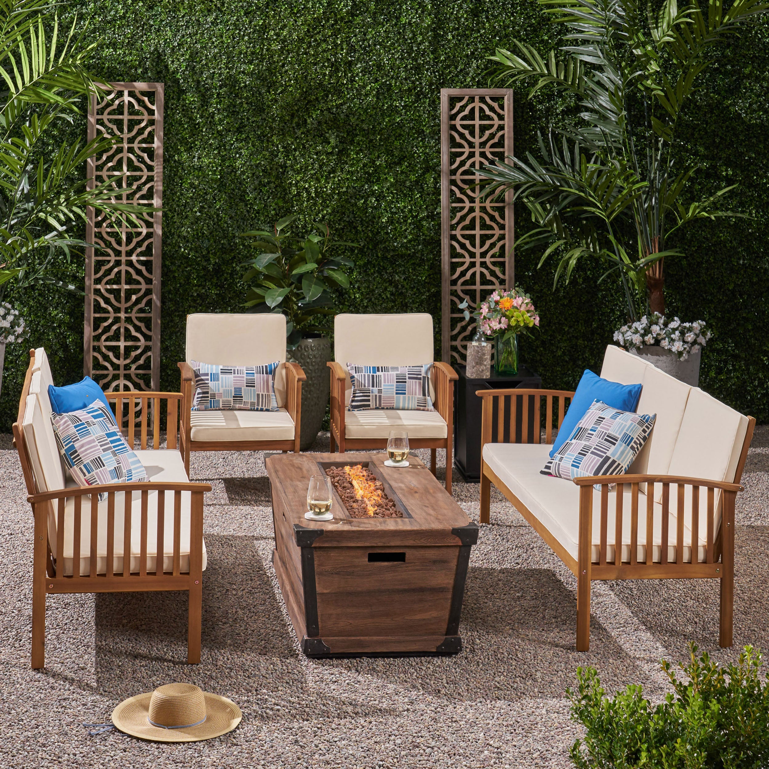 Beckley Outdoor 4 Piece Acacia Wood Conversational Sofa Set with Cushions and Fire Pit