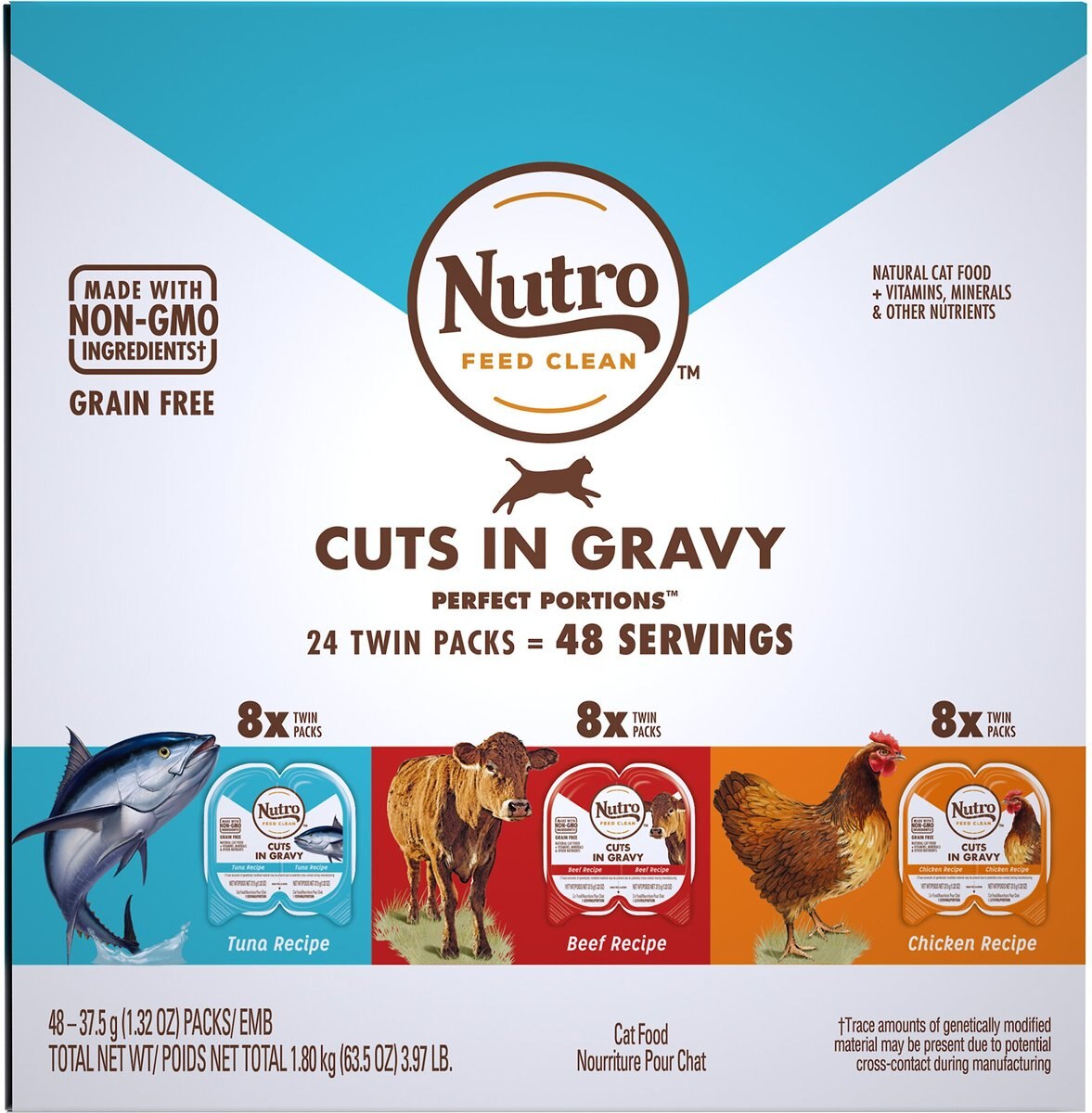 Nutro Perfect Portions Grain-Free Cuts in Gravy Variety Pack Beef， Tuna and Chicken Recipe Adult Cat Food Trays