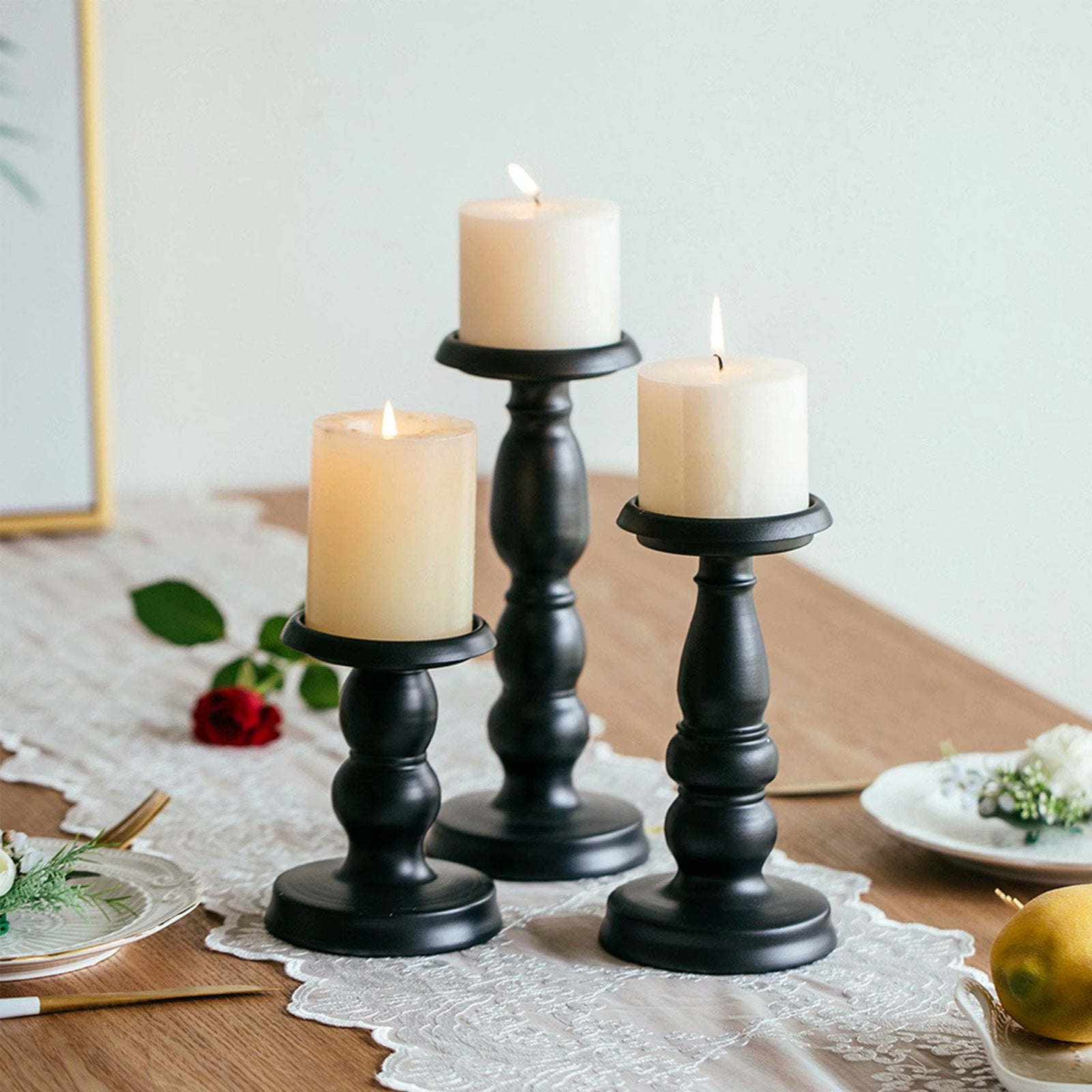 Sziqiqi Candle Holder for Pillar Candles Black Metal Candle Stand Set of 3