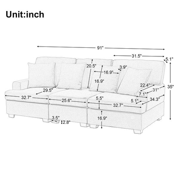 3 Seat Tufted Sofa Futon Fabric Sofa Removable Back Couch， Cream