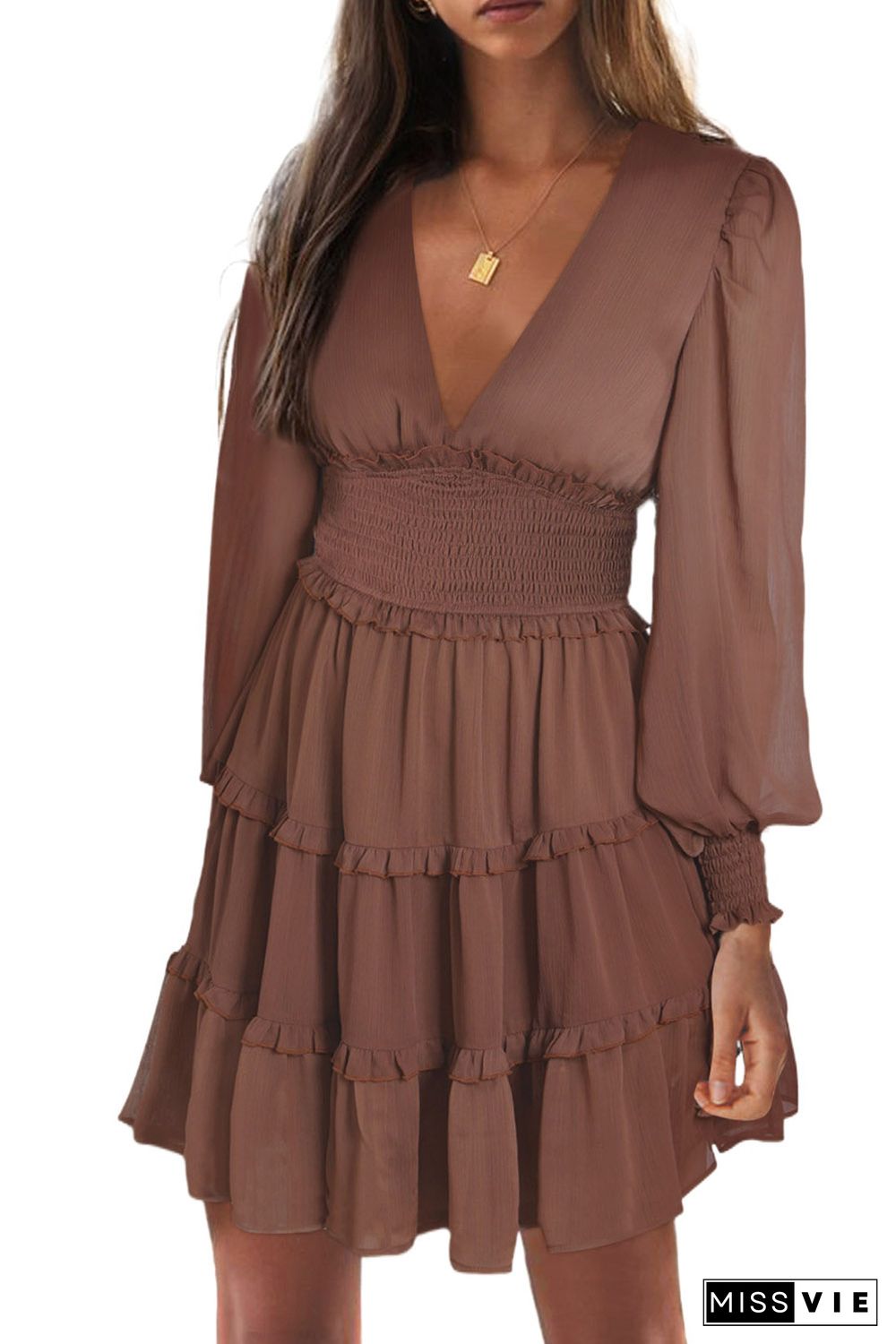 Brown Frill Smocked Detail Sheer Long Sleeve Dress