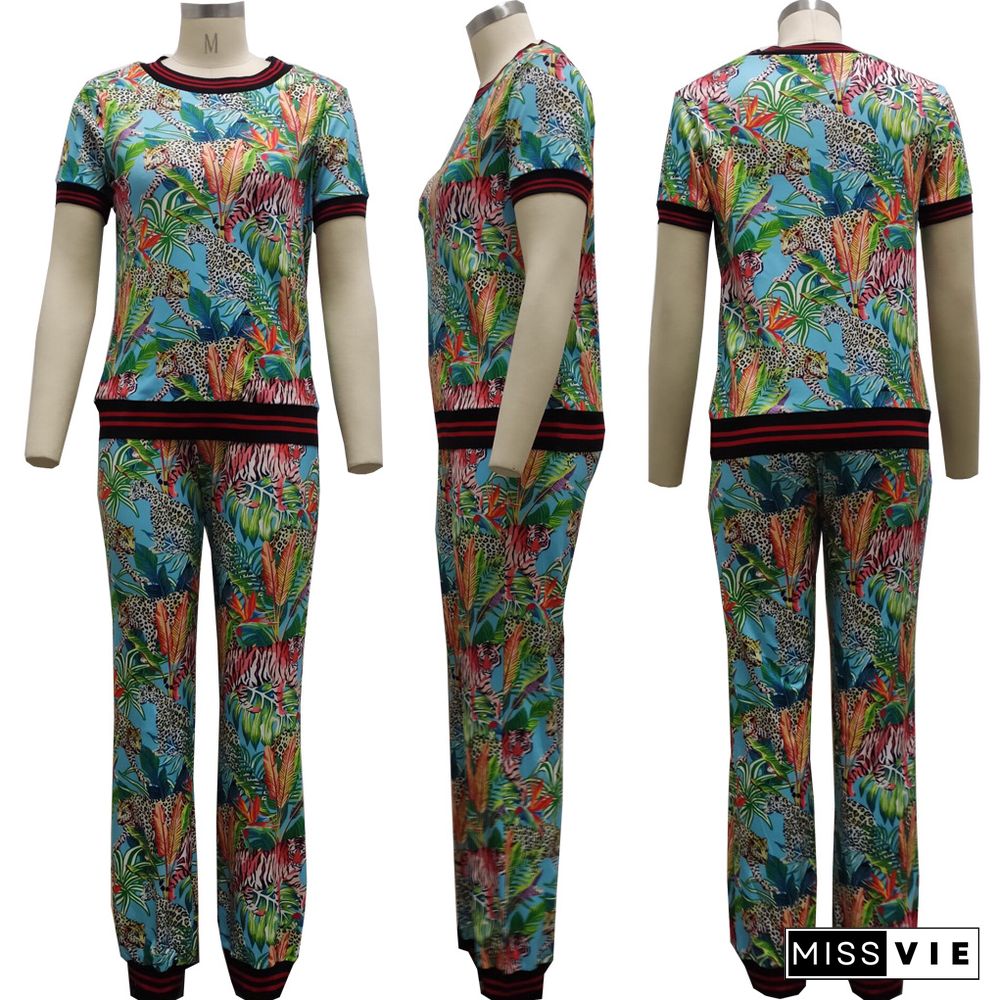 High Quality Fashion Women Print O Neck Short Sleeve T Shirt Tops Long Pants Two Piece Tracksuit Sets