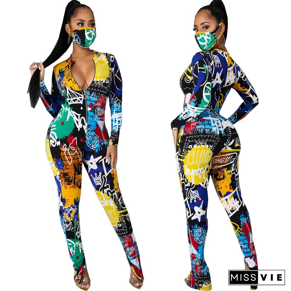 Women Autumn Clothing Digital Print Long Sleeve Front Zipper Bodycon Fitness One Piece Jumpsuit