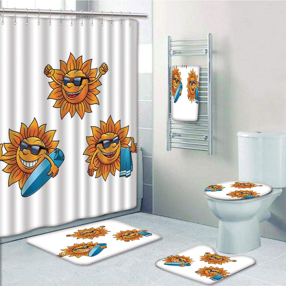 PRTAU Cartoon Surf Sun Characters Wearing Shades Surfboards Fun Hippie Summer Kids Decor 5 Piece Bathroom Set Shower Curtain Bath Towel Bath Rug Contour Mat and Toilet Lid Cover