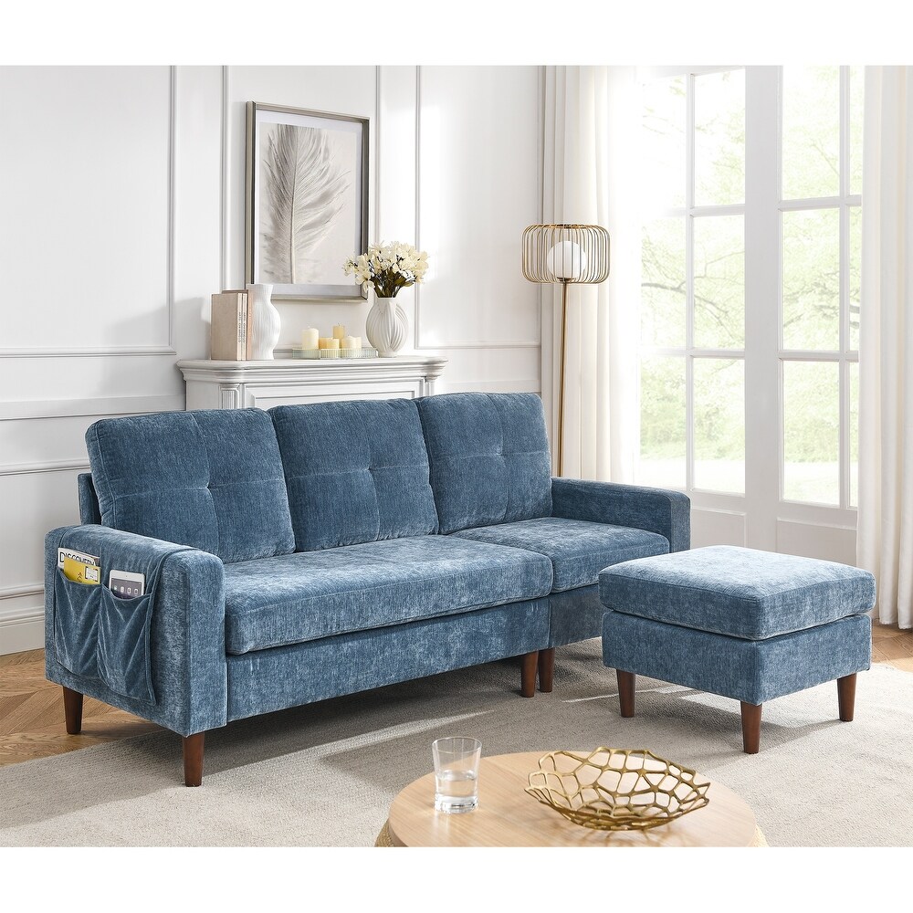 Chenille Convertible Sectional L shape Sofa Couch  3 Seats Sofa with Removable Cushions and Pocket  Rubber Wood Legs