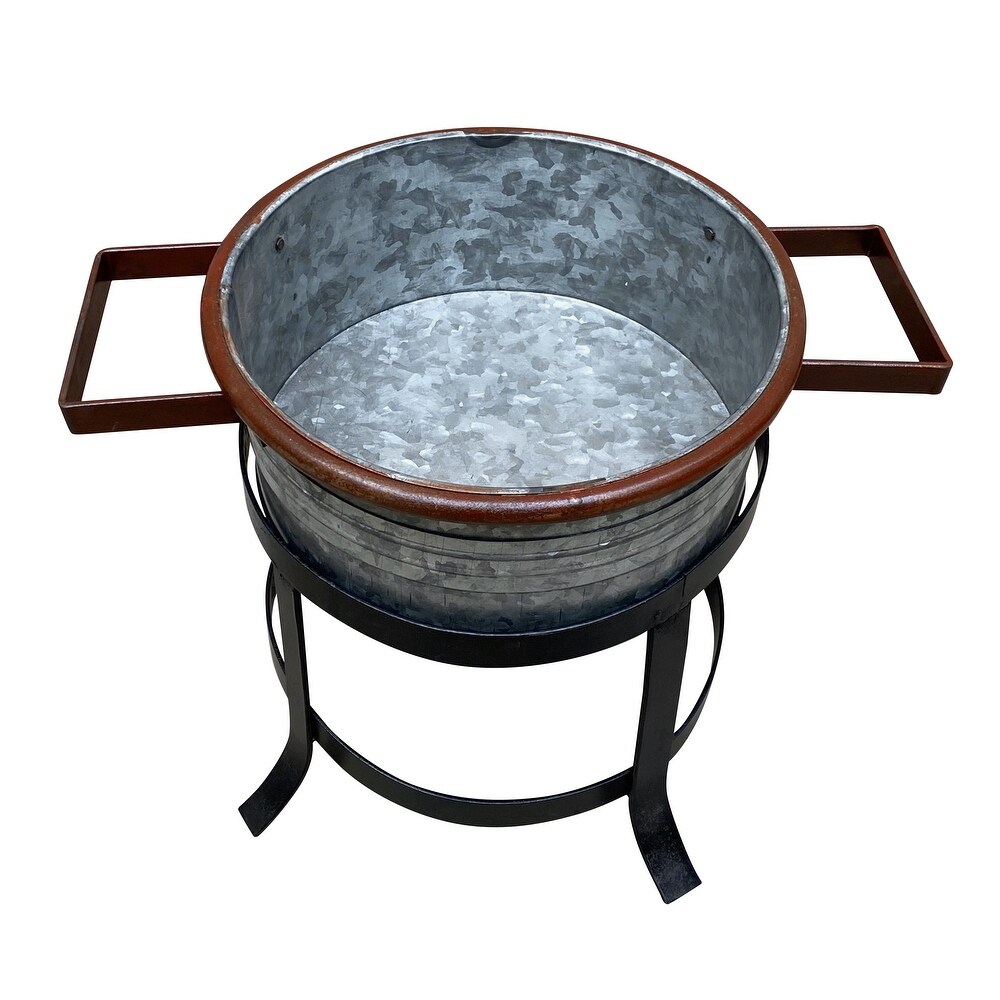 21  18  and 16 Inch 3 Piece Round Tub Metal Planter Set with Stand in Galvanized Gray and Black Iron