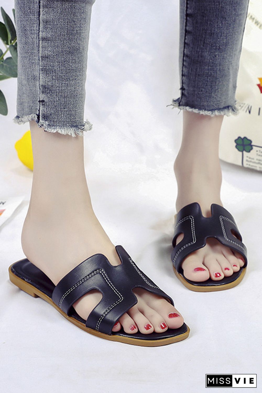 Plain PU Flat Slippers