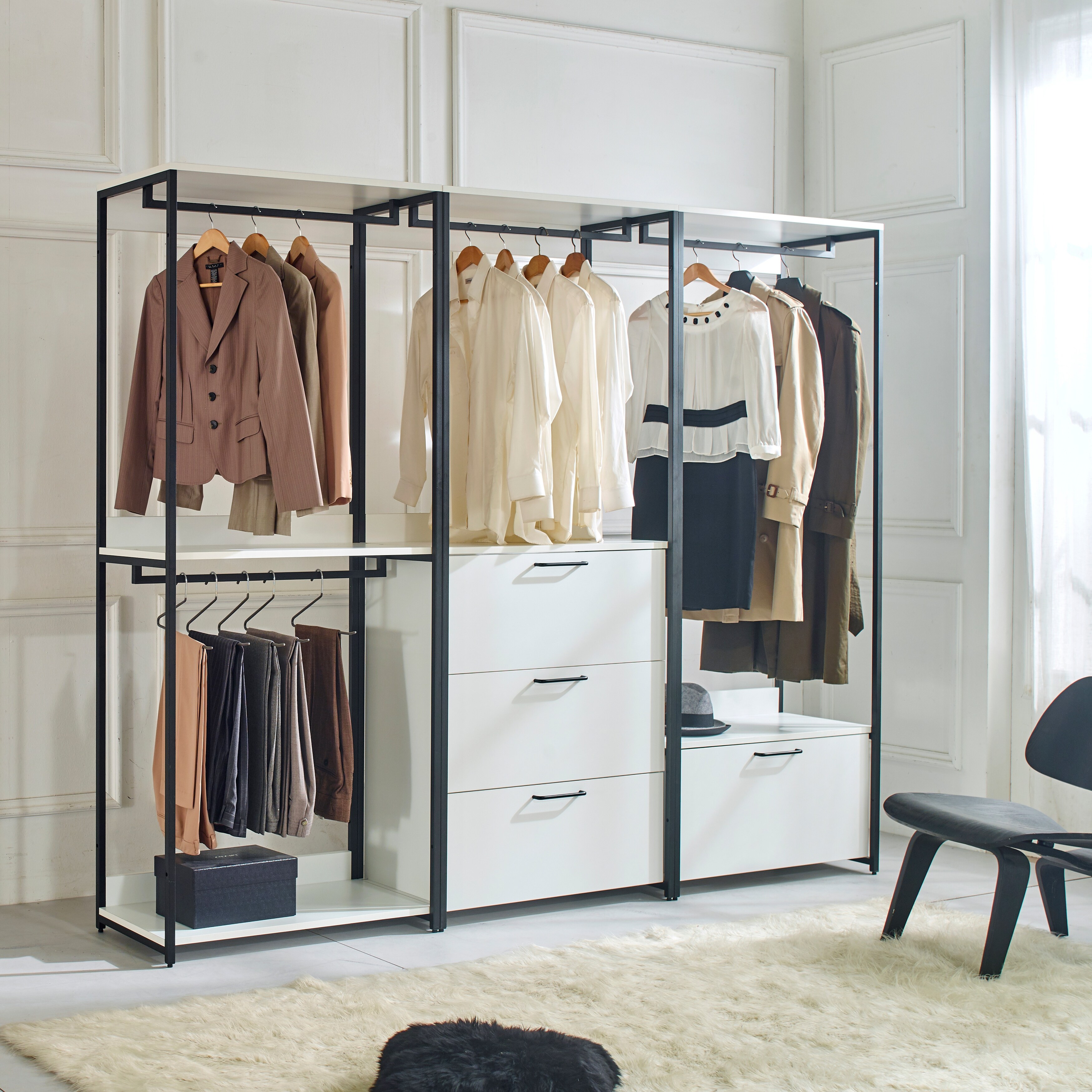 Garment Rack White Freestanding Walk in Wood Closet System with Metal Frame and 4-Drawer， Bedroom Clothing Armoires - - 37828157