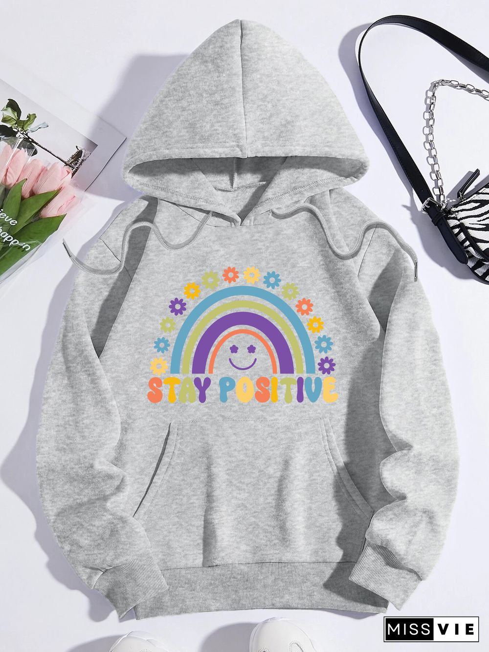 Printed on front Kangaroo Pocket Hoodie Long Sleeve for Women Pattern stay positive