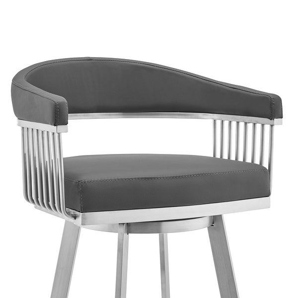 Lif 25 Inch Swivel Counter Stool， Slatted Arms， Steel， Gray Faux Leather