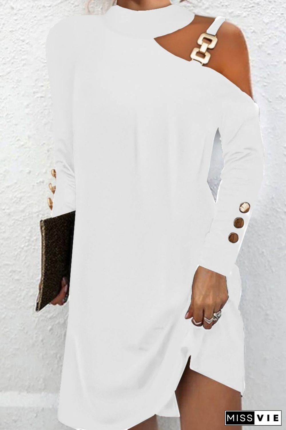 White Casual Solid Hollowed Out O Neck Long Sleeve Dresses