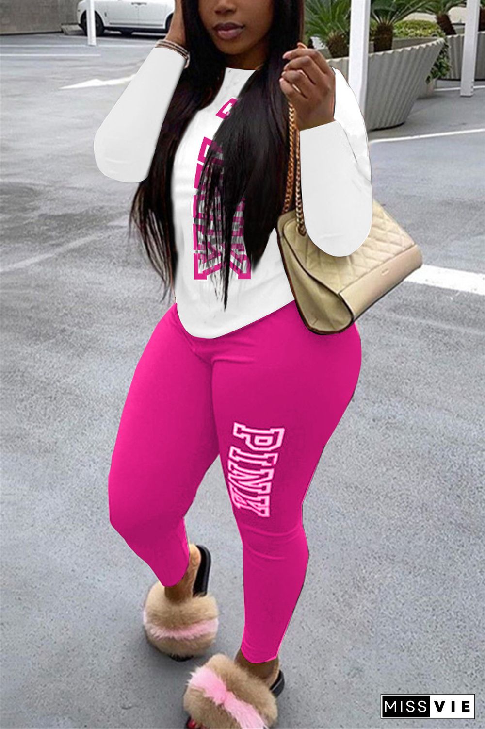 PINK Letter T Shirt Tops Skinny Pants Two Piece Sets