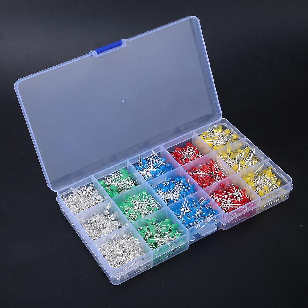 1000Pcs Assorted Color Red/Yellow/Blue/Green/White 3mm LED Light Emitting Diode Kit Box