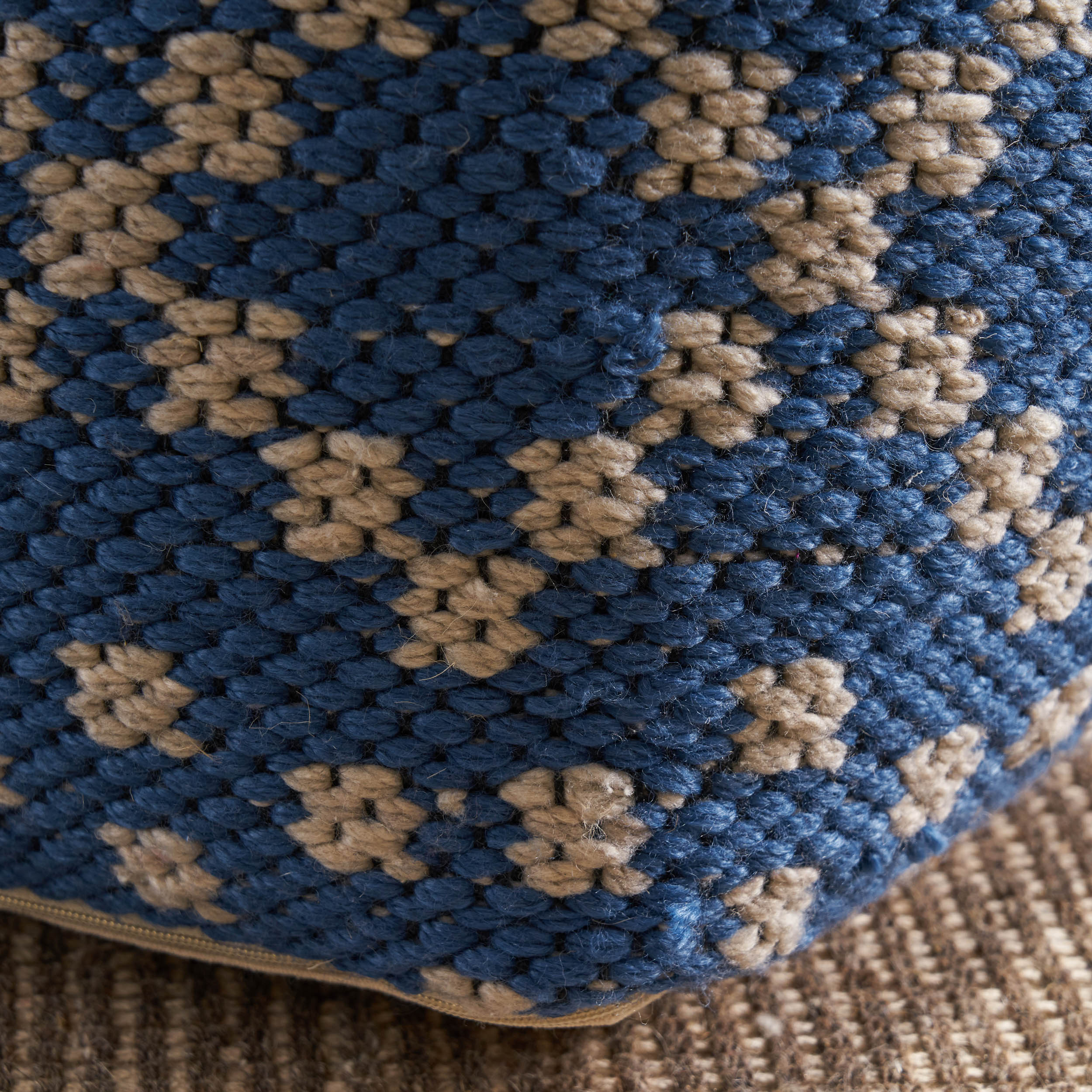 Harmony Cube Pouf, Boho, Blue and White Yarn