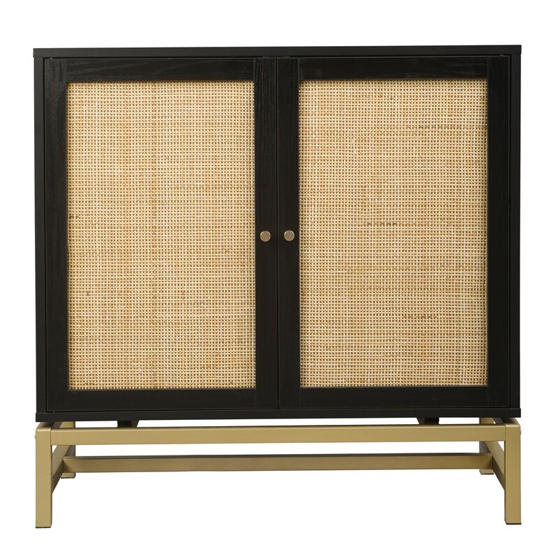 2 Door Accent Cabinet Storage Cabinet With Rattan Skin Decoration 1 Adjustable Inner Shelves For Dining Room and Living Room