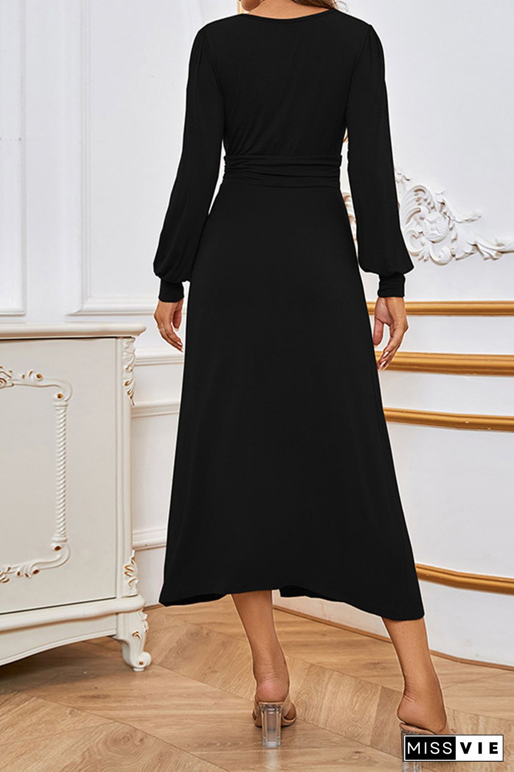 V Neck Puffy Sleeves Split Midi Dress