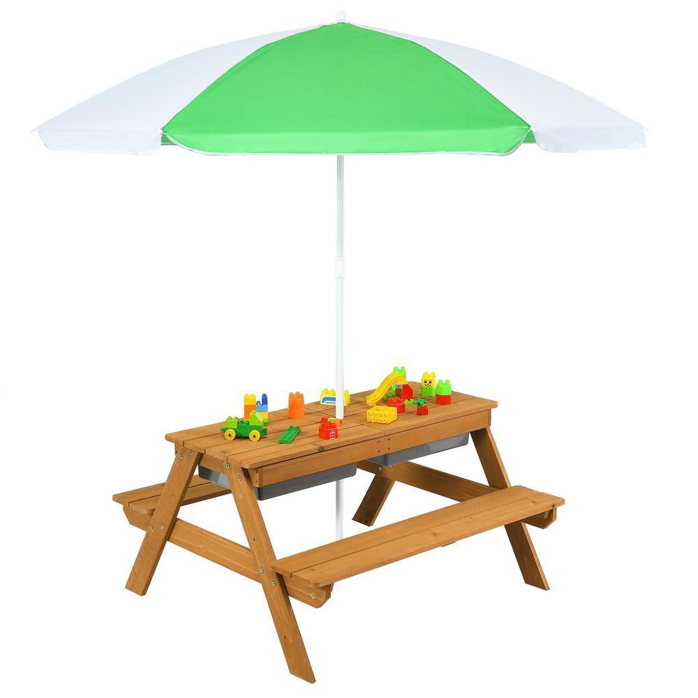 ANGELES HOME Rectangle Wood Outdoor Picnic Table with Umbrella Play Boxes 8CK10-HY8