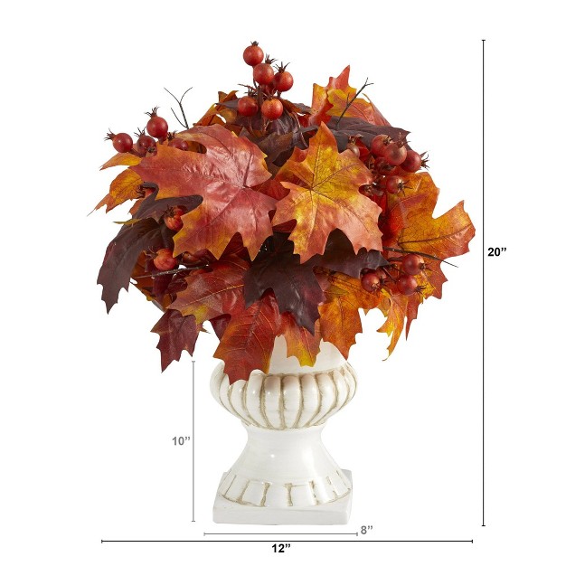 Nearly Natural 20-in Autumn Maple Leaf And Berries Artificial Plant In White Urn