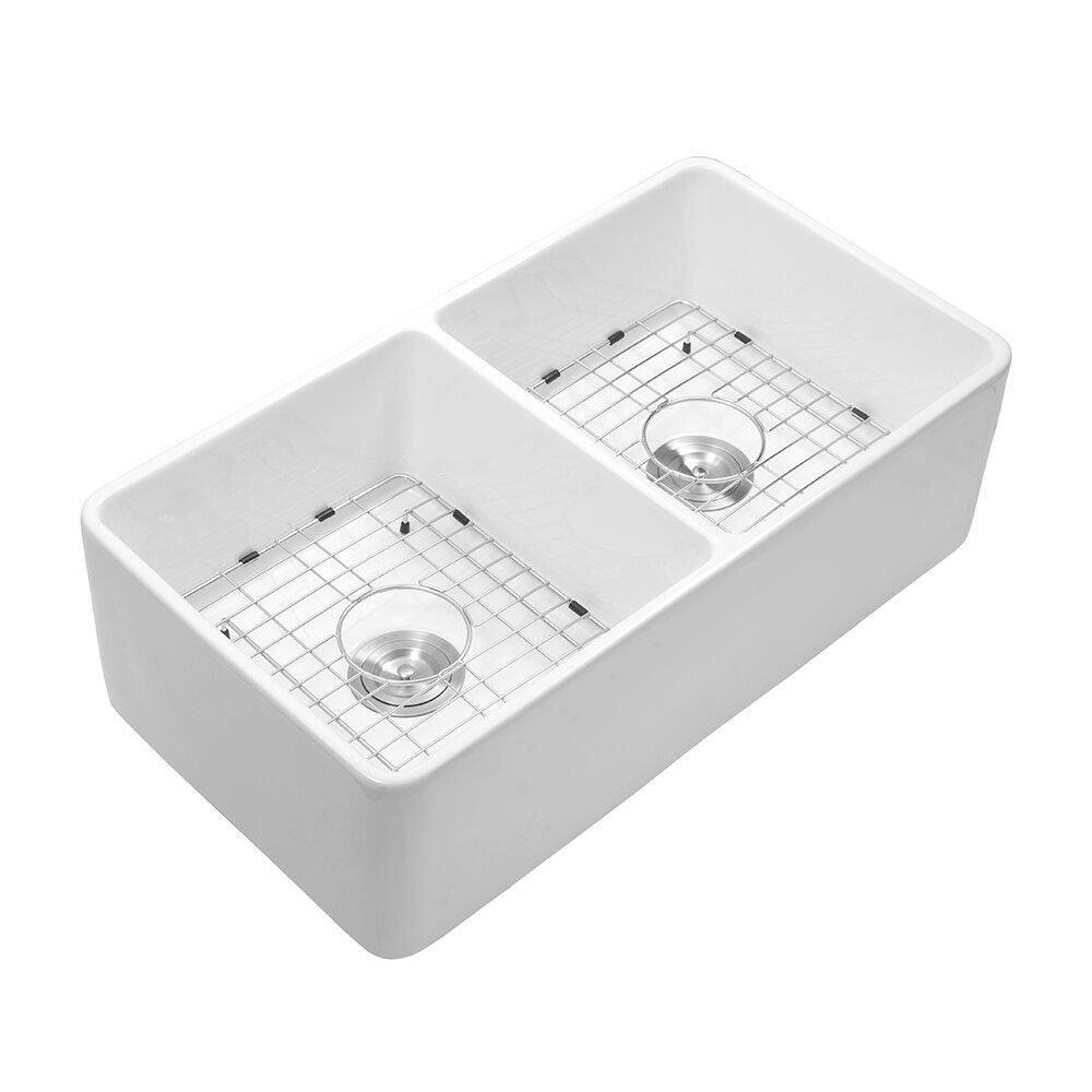 HOROW White Fireclay 33 in. Double Bowl Farmhouse Apron Kitchen Sink Workstation Kitchen Sink with Bottom Grid HR-F3318D