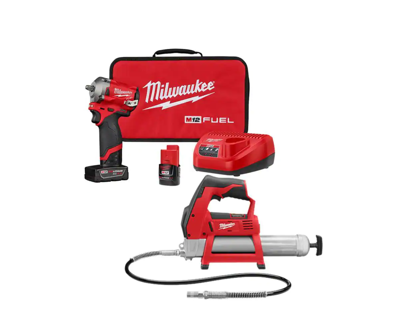 Milwaukee 2554-22-2446-20 M12 FUEL 12V Lithium-Ion Cordless Stubby 3/8 in. Impact Wrench Kit with Grease Gun， One 4.0 and One 2.0Ah Battery