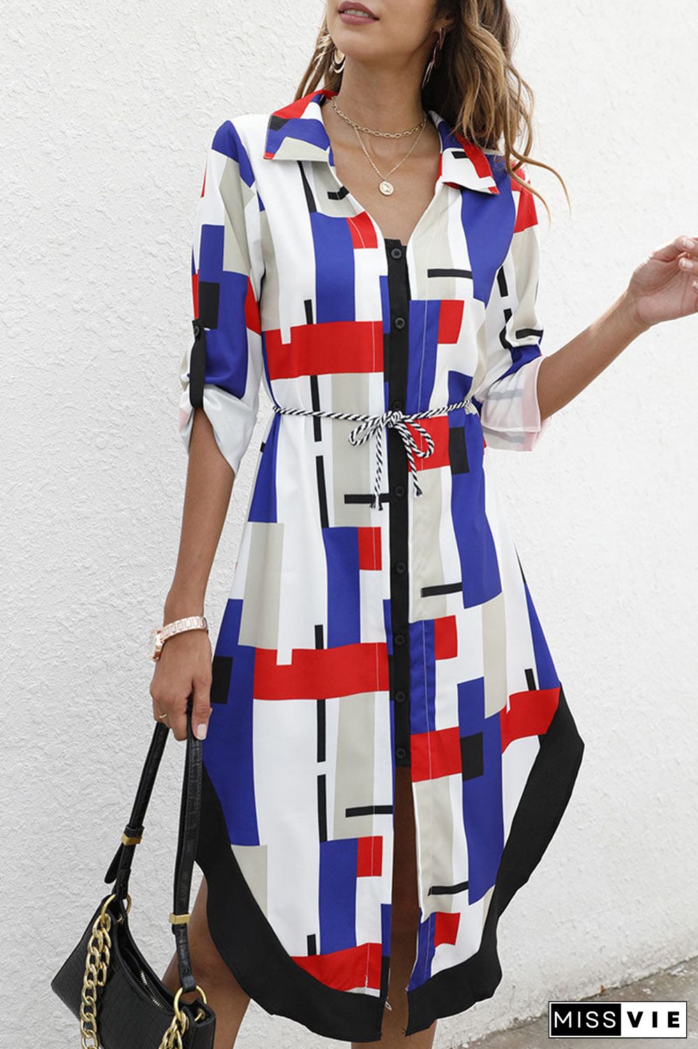 Fashion Street Print Turndown Collar Irregular Dresses(3 Colors)