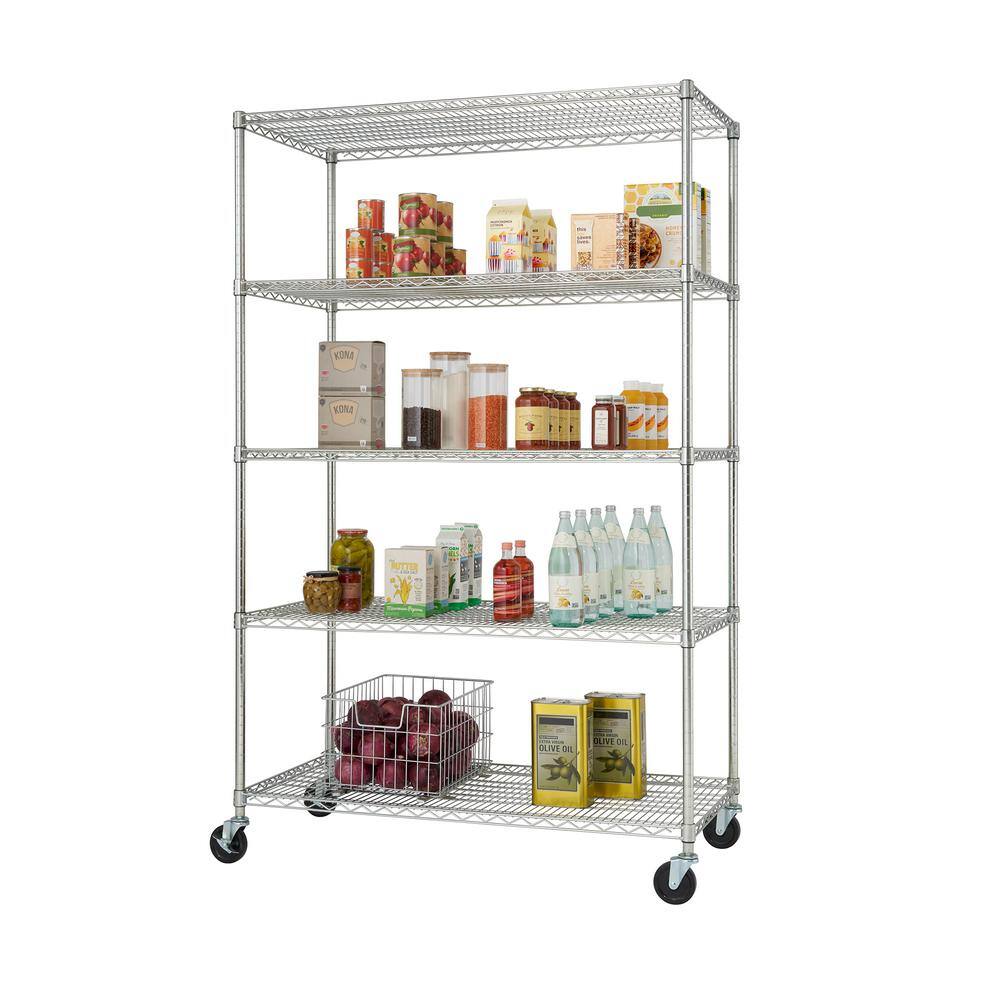 TRINITY EcoStorage Chrome 5-Tier Rolling Steel Wire Shelving Unit (48 in. W x 77 in. H x 24 in. D) TBFZ-0915