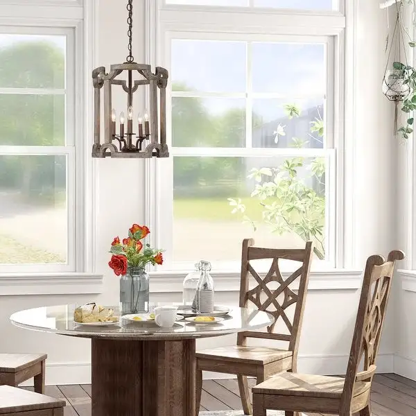 Farmhouse Rustic 5-Light Distressed Birch Lantern Chandelier with Rusted Iron Fixture - 16.5
