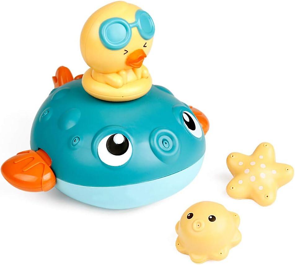 Kids Bath Toy Electric Water Spray Toy Bathtub Pool Fountain Toy Pumping Sprinkler Squirt Toy With 3 Shower Heads For Toddlers (pufferfish-blue)