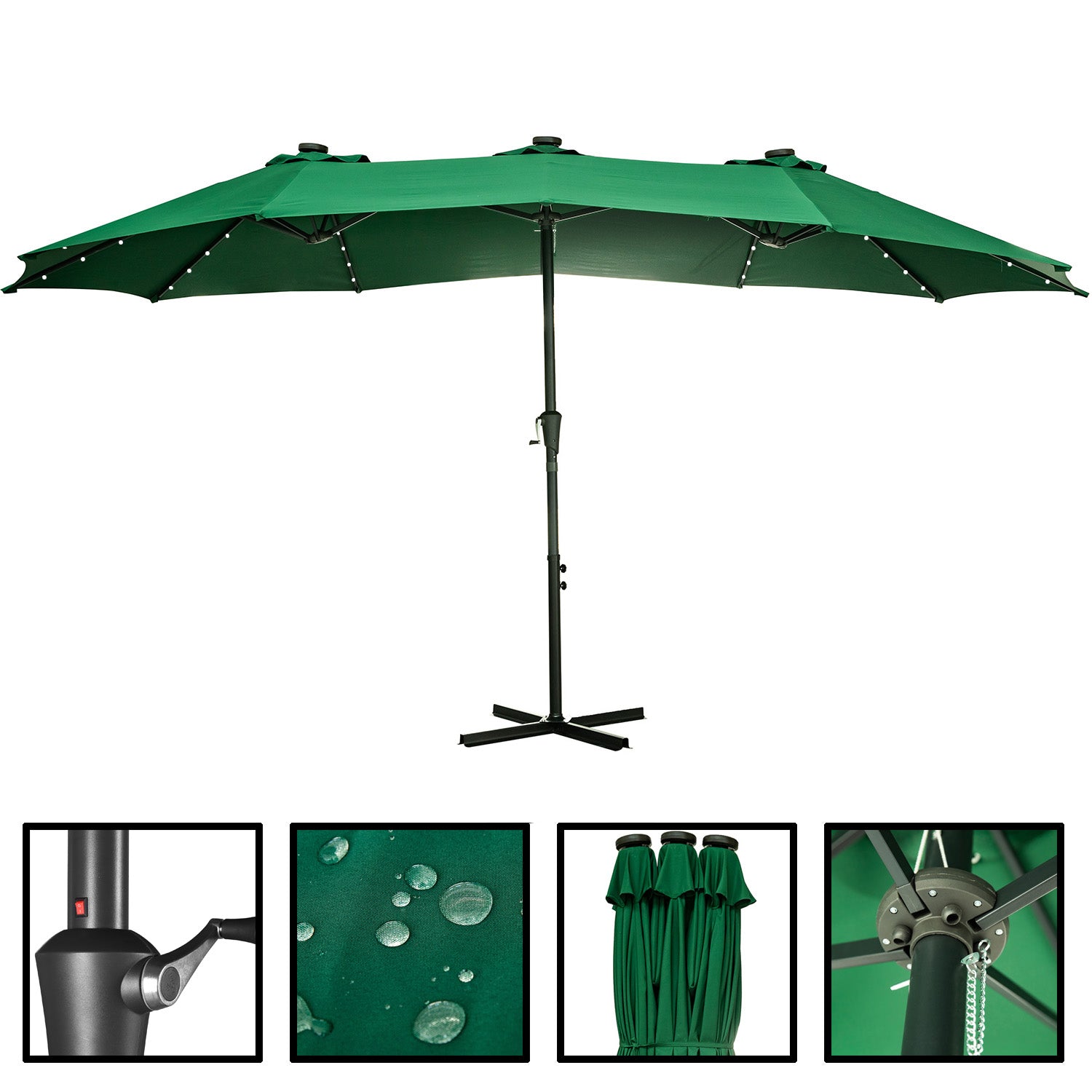 Ainfox 15ft Large Patio Umbrella with Solar Lights, Double-Sided Outdoor Rectangle Table Umbrellas with 48 LED Lights，Green