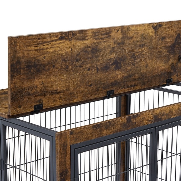 Industrial Wooden Iron Dog Crate， Dog Kennels with 3 Doors and Wheels， Pet Crate Side End Table for Medium and Small Dog