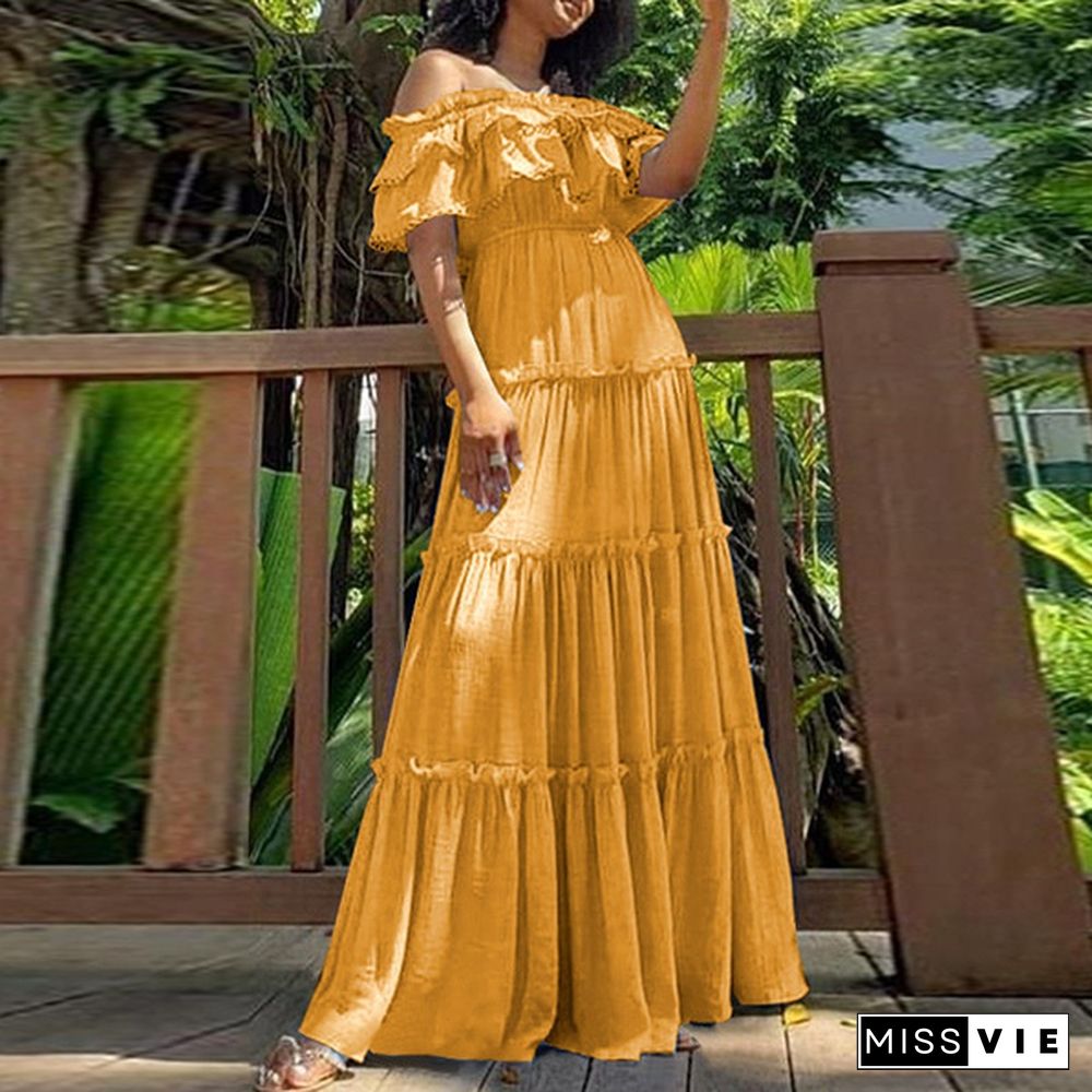 Women Off-shoulder Solid Color Casual Pleated Maxi Dress Summer Holiday Full Length Ruffle-trim Bohemian Beach Sundress Plus Size Vestidos