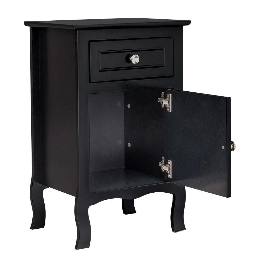 Set of 2 Nightstand Bedroom Bedside Table with Drawer and Cabinet Storage, Country Style Night End Table with Mental Handle, Suitable for Living Room Bedroom, Black