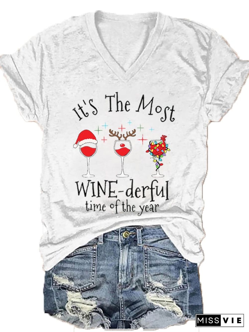 Women's Christmas It's The Most Wine-derful Time of The Year printed V-neck T-shirt