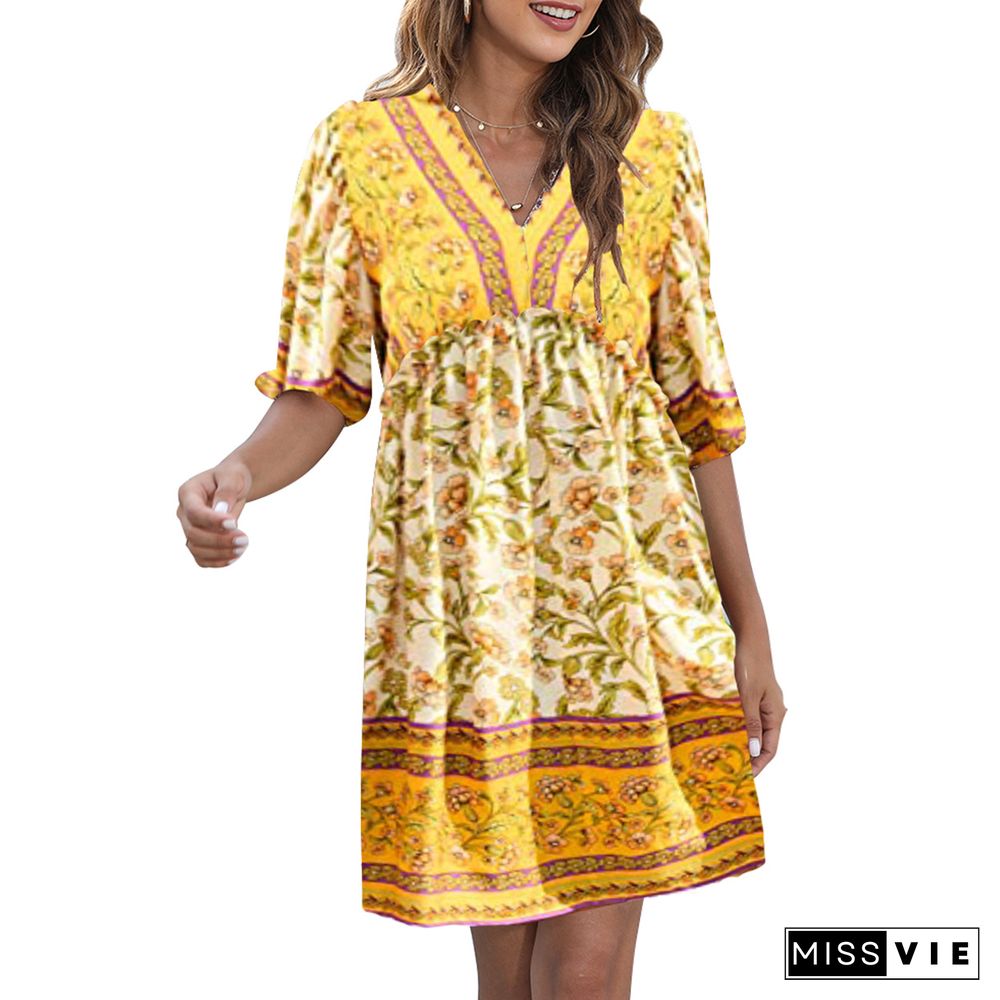 Bohemian Print V-neck Bubble Sleeve Big Swing National Style Dress Women's Wear