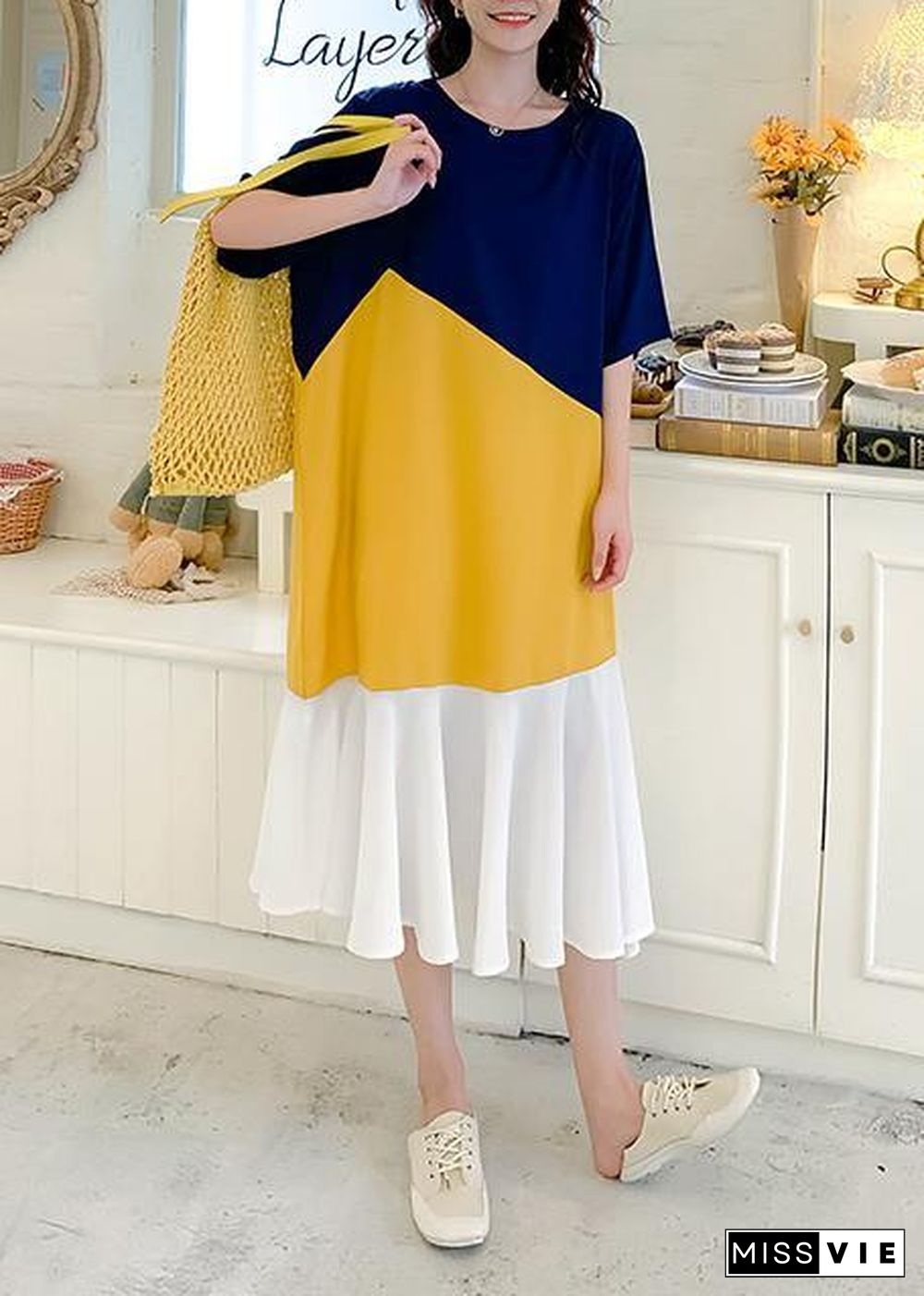 DIY yellow patchwork cotton clothes Women o neck Ruffles Plus Size Dresses