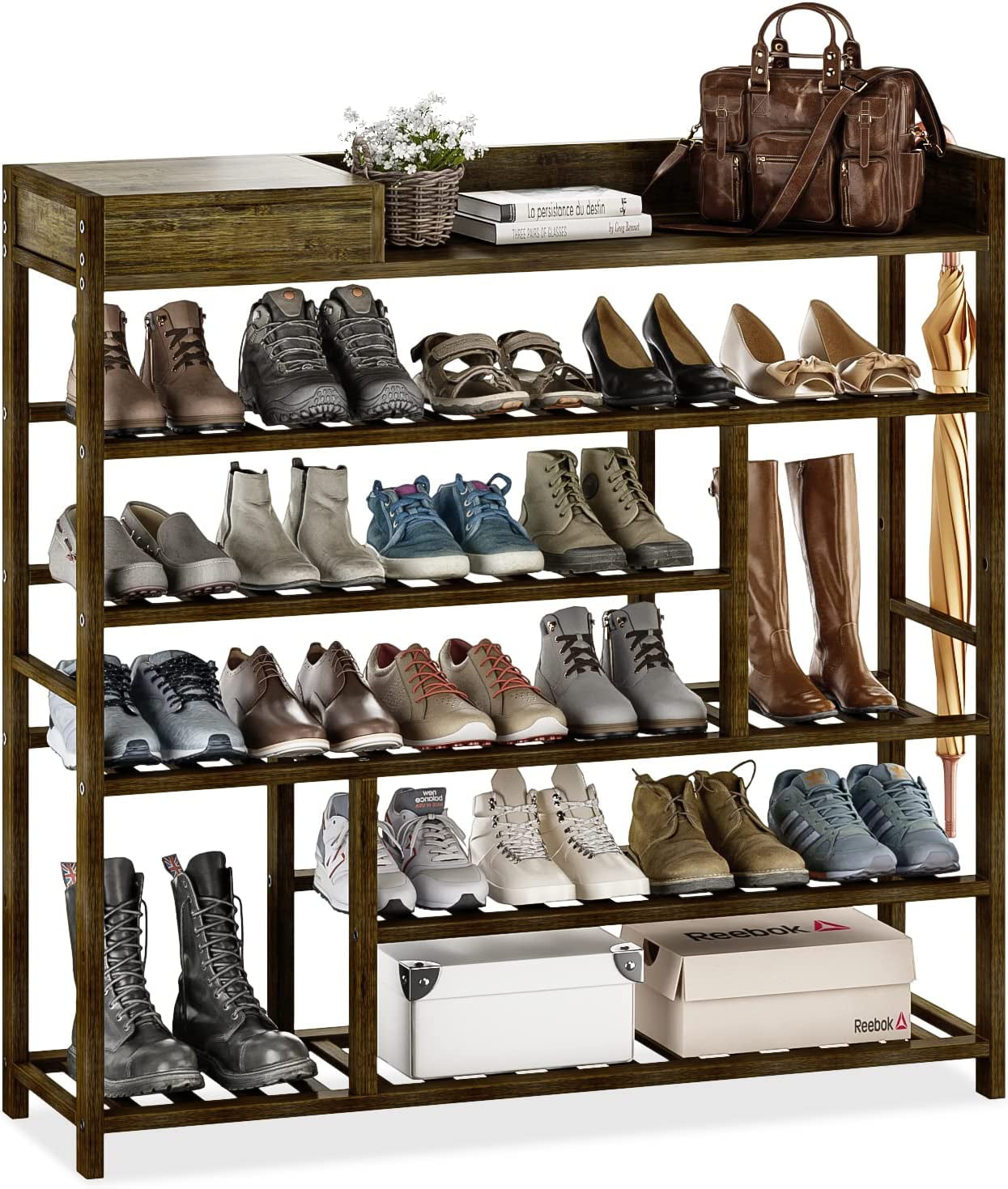 Bamworld Shoes Rack Shelf Organizer for Entryway 5 Tier Bamboo 24 Pair Boots Footwear Book Flowerpots with Storage Box (Dark Brown)