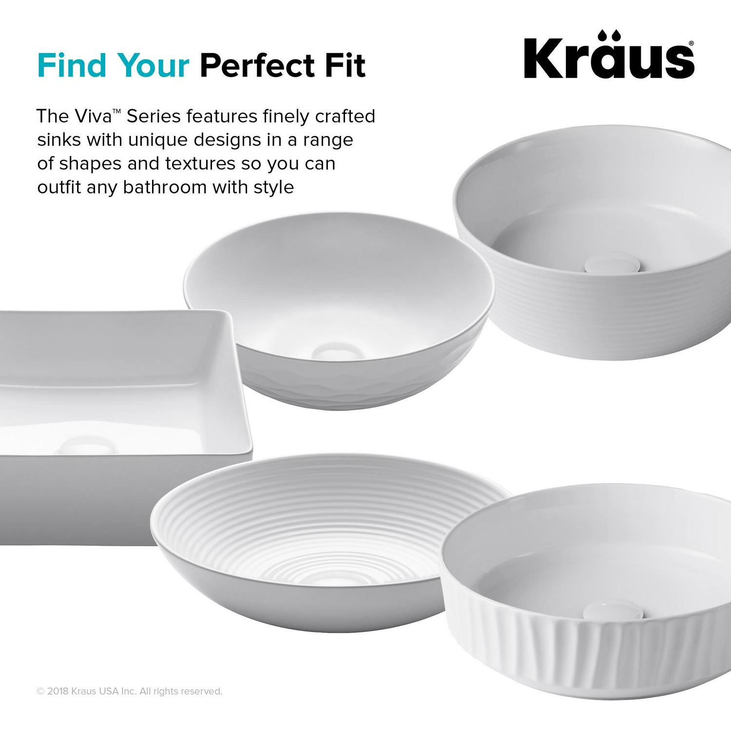 KRAUS Viva Round White Porcelain Ceramic Vessel Bathroom Sink with Pop-Up Drain， 16 1/2 in. D x 5 1/2 in. H