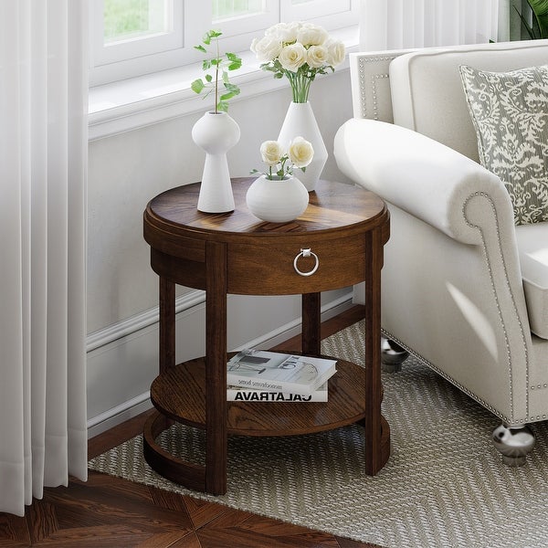 Round Side End Table with Drawer Storage Shelf Accents Nightstand