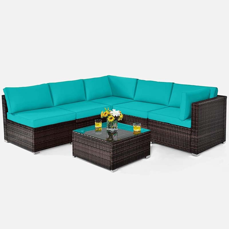 6 Pcs Rattan Patio Sectional Sofa Set Outdoor Conversation Furniture Set with Cushions & Glass Coffee Table