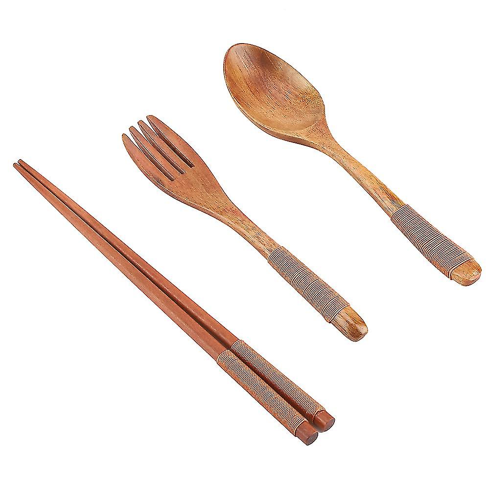 4Pcs Portable Wooden Chopstick Fork Spoon Tableware Set with Bag for Picnic Travel(Golden)