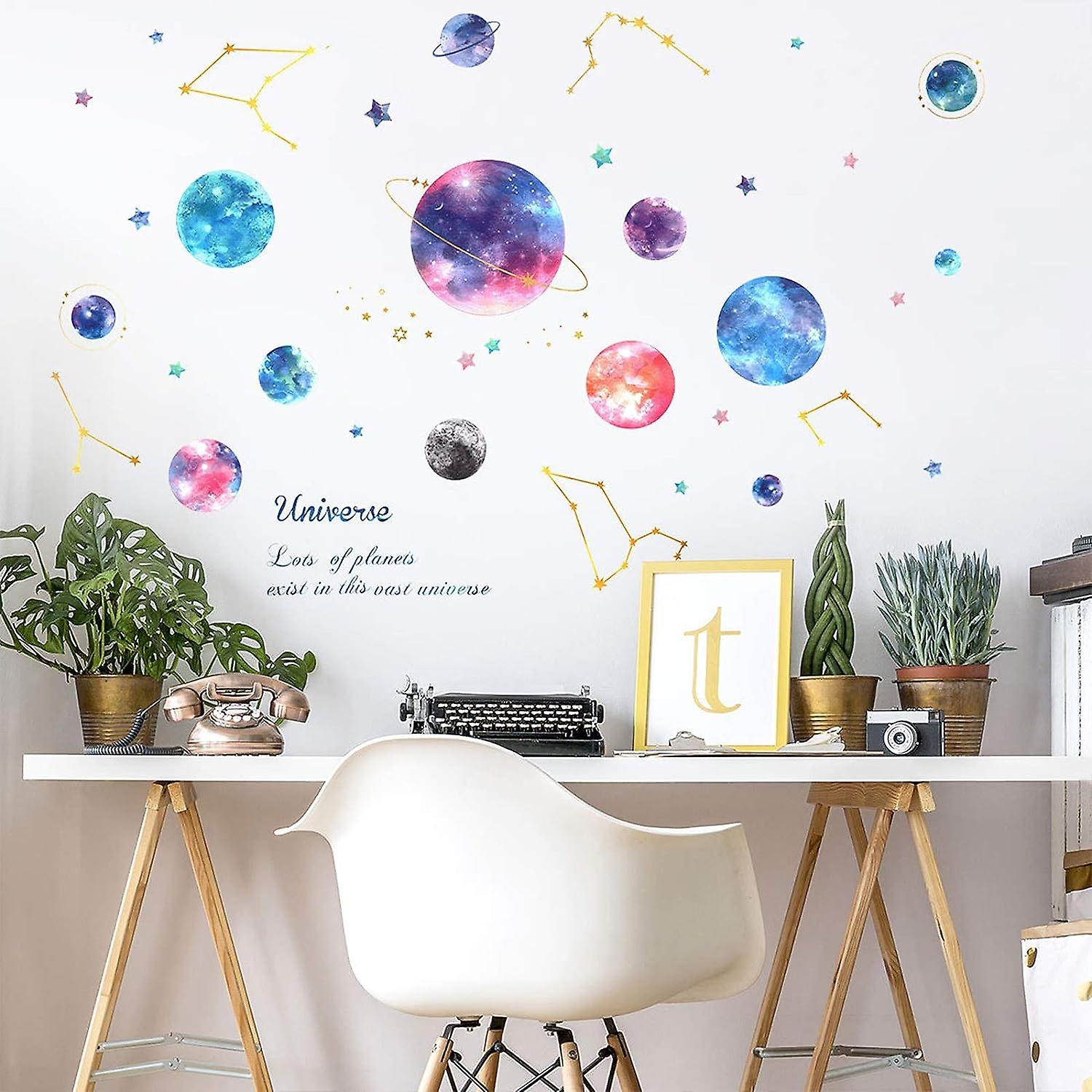 Planets In The Space Kids Wall Stickers Watercolor Space Planet Star Constellation Wall Decals， Peel And Stick Removable Diy Solar System Stickers Nur