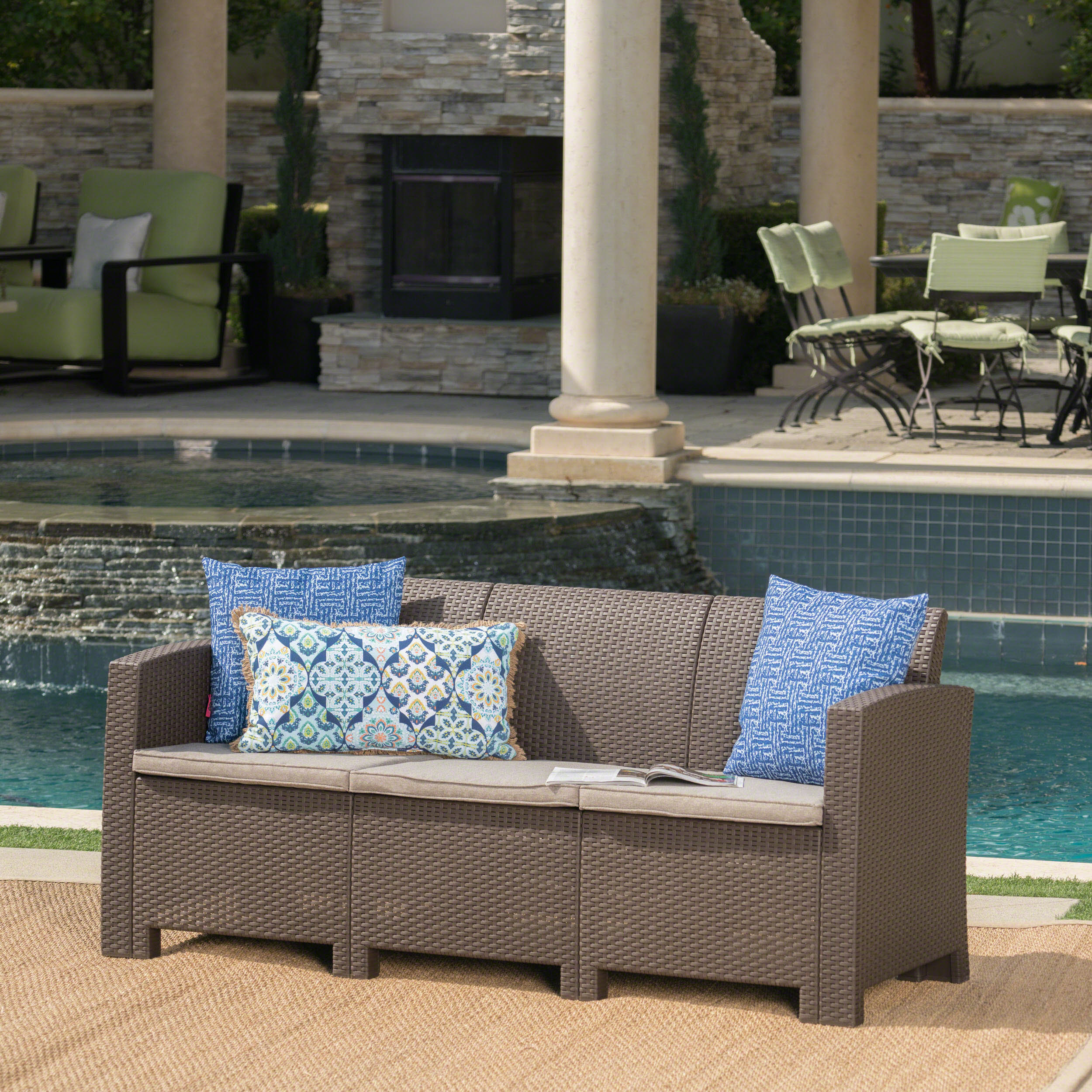 St. Pete Outdoor 3 Seat Faux Wicker Rattan Style Sofa