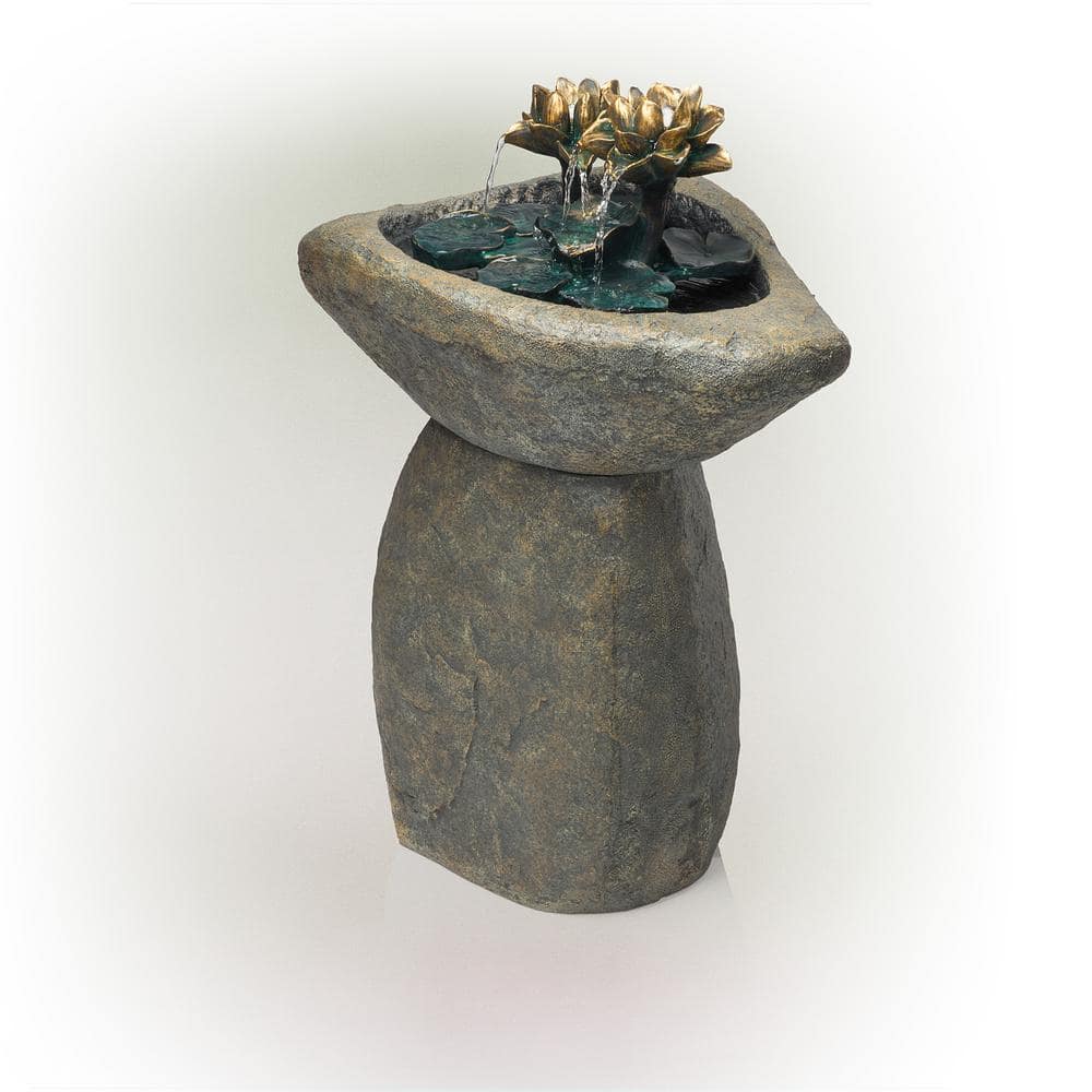 Alpine Corporation 30 in. Tall Outdoor Pedestal Lotus Rock Waterfall Fountain with LED Lights USA1393