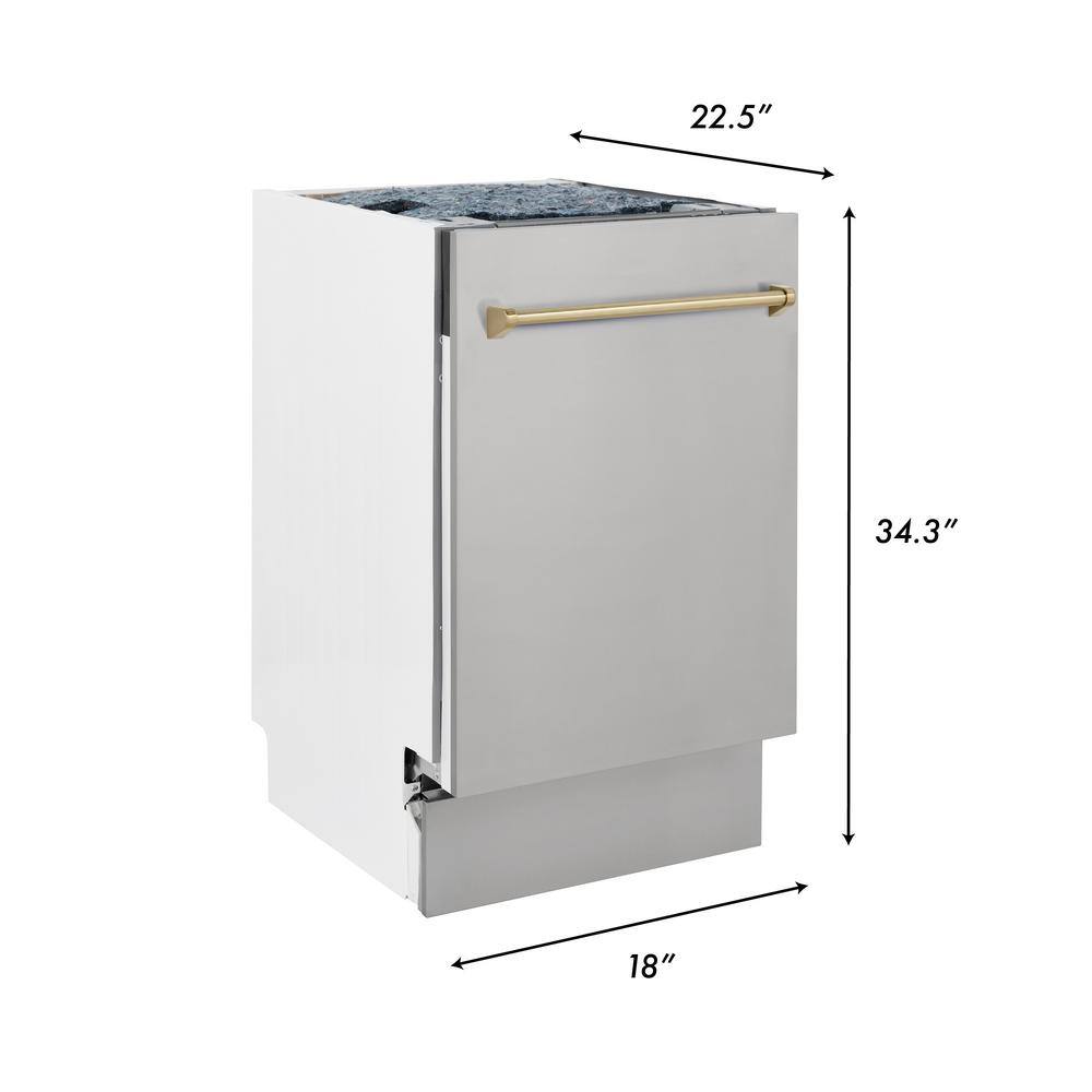 ZLINE Kitchen and Bath Autograph Edition 18 in. Top Control 8-Cycle Tall Tub Dishwasher w 3rd Rack in Stainless Steel  Champagne Bronze DWVZ-304-18-CB