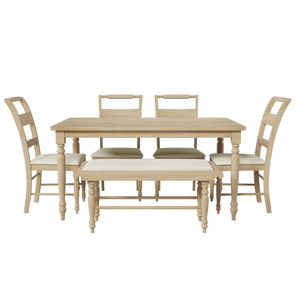 6 Peice Rectangular Dining Table Set with Upholstered Chairs   Bench