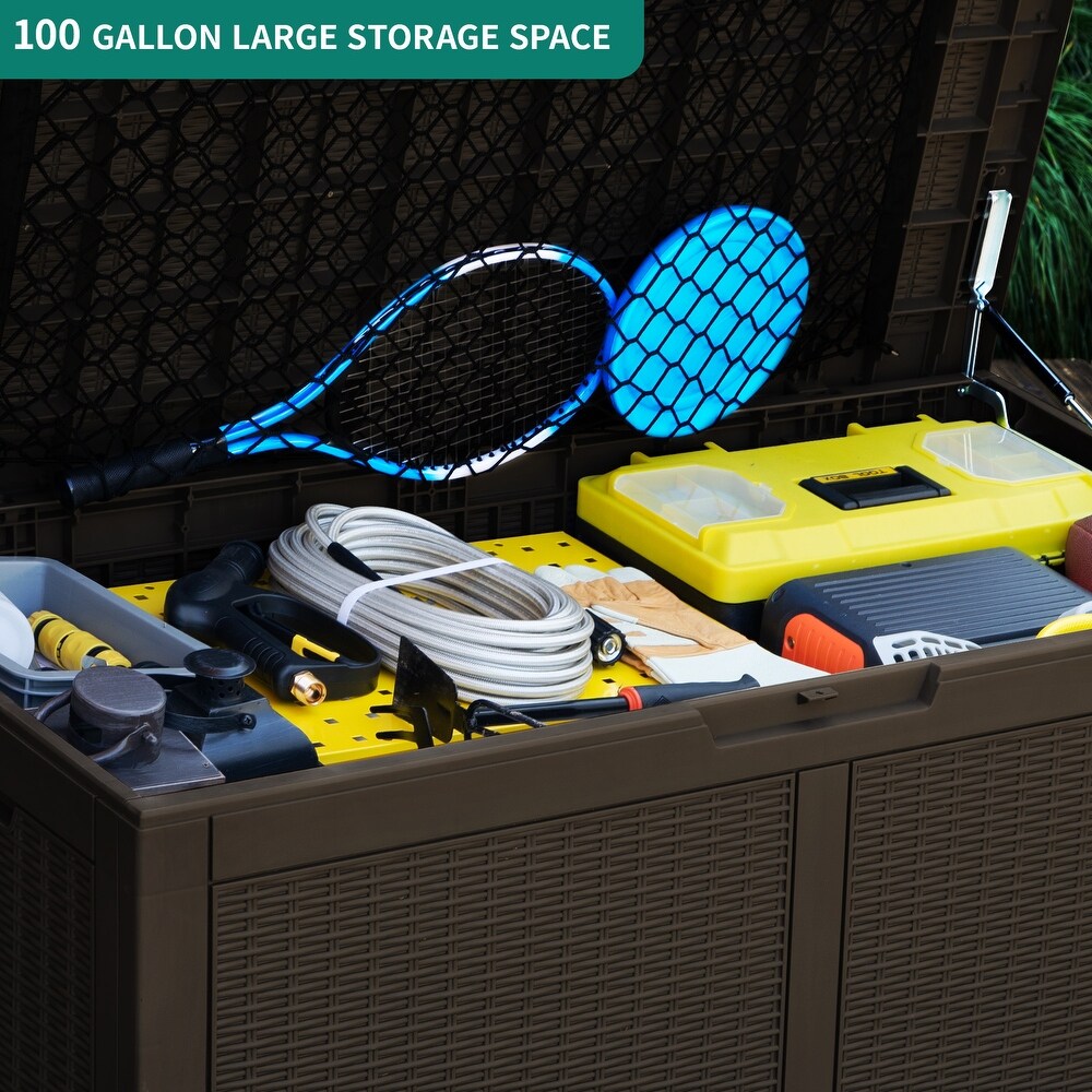 100 Gallon Large Resin Deck Box With Mesh Pocket   N/A