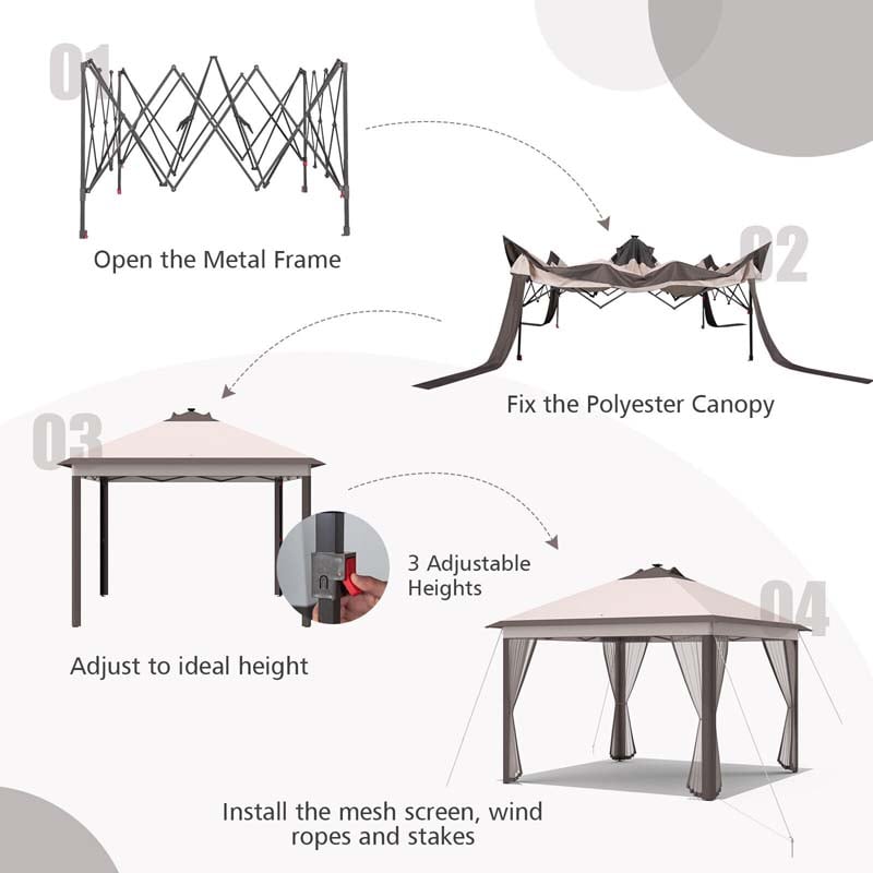 11 x 11 FT Pop-Up Gazebo Tent Portable Canopy Shelter with Carry Bag & Mesh Netting & LED Lights