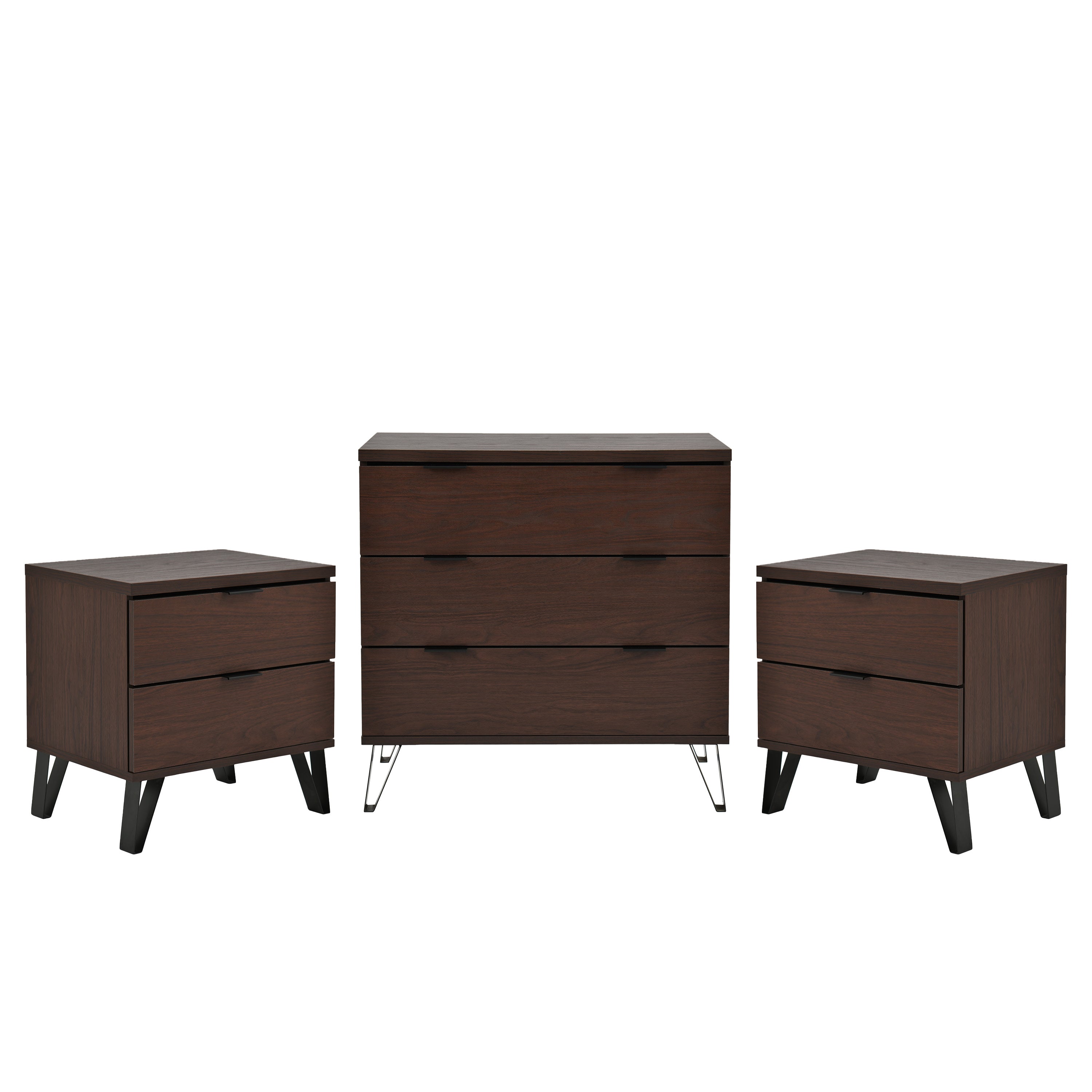 Demijen Modern Industrial 3 Piece 3 Drawer Dresser and Nightstand Bedroom Set, Walnut and Matte Black