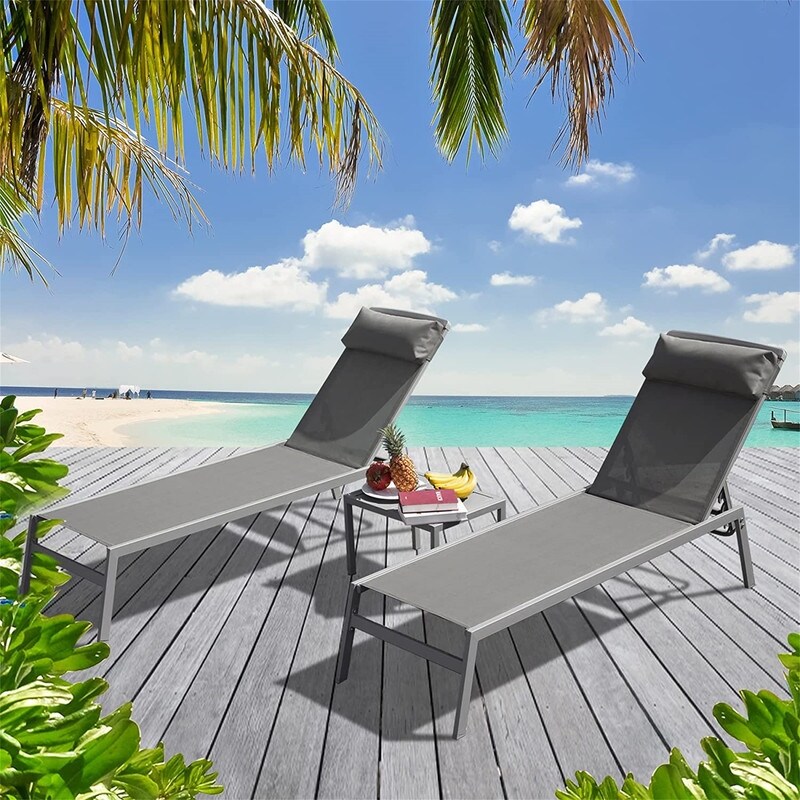 3 Pieces Aluminum Adjustable Pool Lounge Chairs Textilene Sunbathing Recliner with Headrest (Grey 2 Lounge Chairs +1 Table)